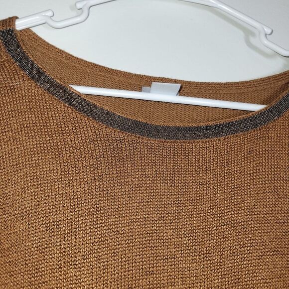 Chicos Brown Beaded Linen Blend Short Sleeve Sweater 2 Large - Picture 4 of 12